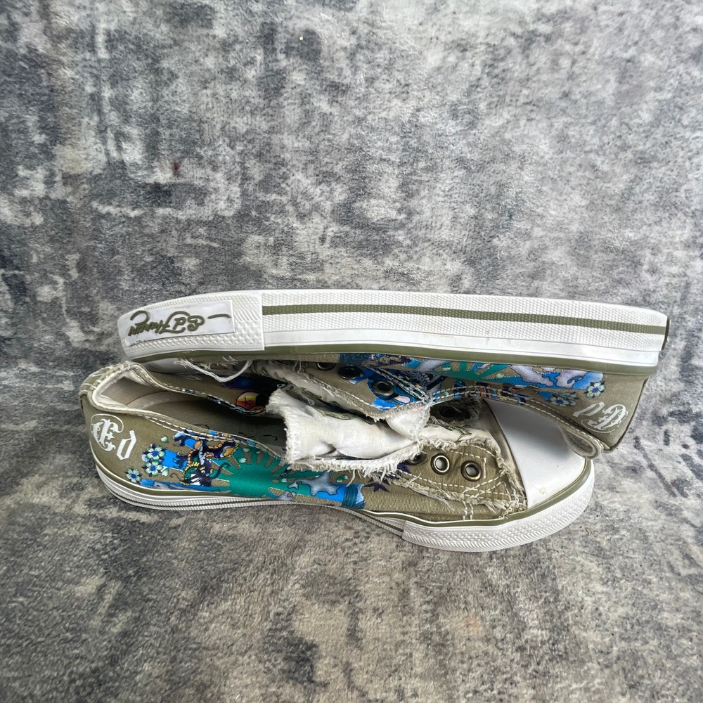 Ed Hardy Womens 7 Casual Slip-on Sneakers Y2K Tattoo Art Canvas Green Distressed - Picture 12 of 12